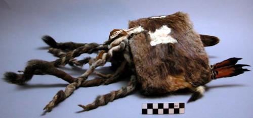 Man's wide head band made of musquash, squirrel, and ermine fur as well as hawk and flicker feathers.