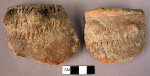 4 rim potsherds with filletted knobs and rows of short incised lines