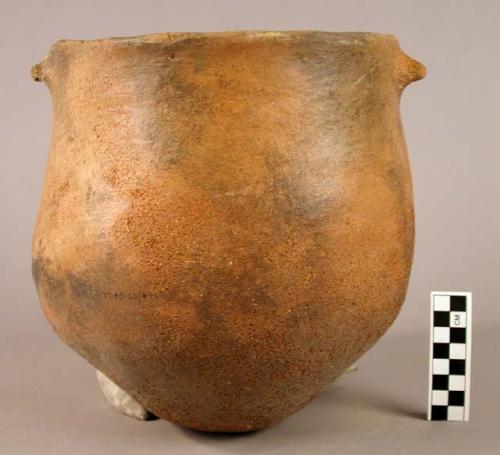 Deep pottery vessel - pointed bottom, coarse tempered, lug handles, glaze?