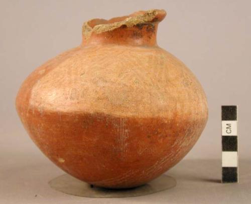 Pottery jar, small, red, black ornemtation on upper zone