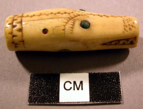 Ivory toggle-incised, inlaid, perforated. animal head. bear?