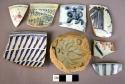 Cup and bowl fragments, blue and white, handpainted.  Few porcelain; mostly chin