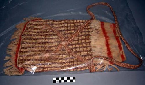 Carrying bag of elaeagnus bark, hemp twine, and leather and strap, painted.