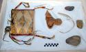 Paint bag & contents. Painted rawhide, red bayetta, quilled tassels