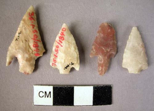 4 tanged and barbed flint arrowheads