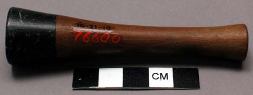 Pipe, carved wood shaft, black, flared ground stone collar, tobacco remnants