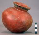 Pottery jar, small, red, black ornemtation on upper zone