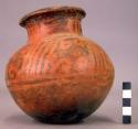 Pottery jar, small, red, black ornemtation on upper zone