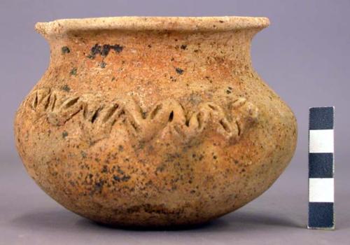 Pottery jar with snakes appliqued around shoulder