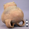 Unpainted pottery jar - 3 band handles, relief decoration around rim