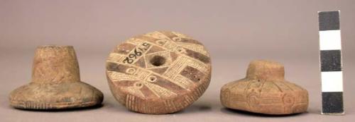 Ceramic spindle whorls, round, incised decoration