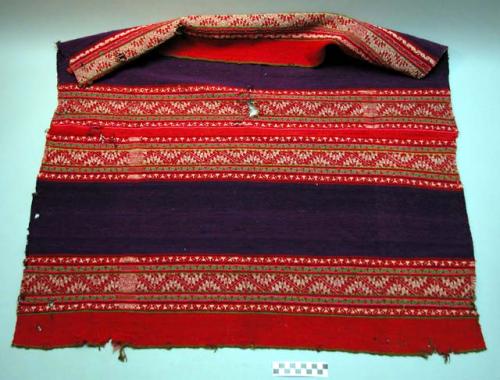 Woven poncho (very worn) - purple with multi-colored stripes at top, bottom and