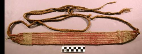 Carrying strap(tump line), woven wool, red & natural linear design, braided ties