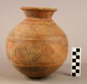 Pottery jar, red, black ornamentation extending to lower zone