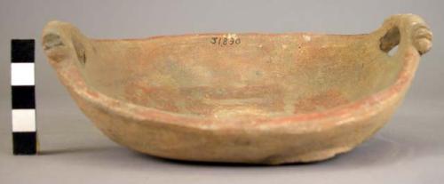 Pottery dish, tripod, colored, legs missing