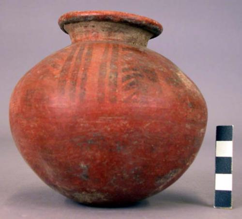 Pottery jar, small, red, black ornemtation on upper zone