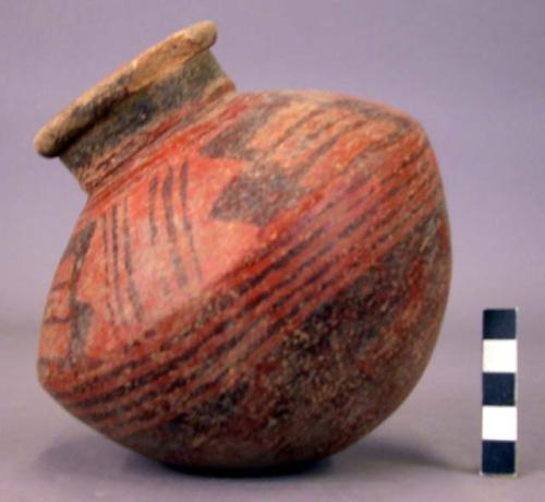 Pottery jar, small, red, black ornemtation on upper zone