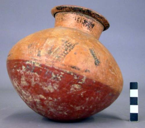 Pottery jar, base red, upper zone white with black ornamentation