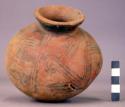 Pottery jar, red, black ornamentation extending to lower zone