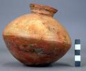 Pottery jar, base red, upper zone white with black ornamentation