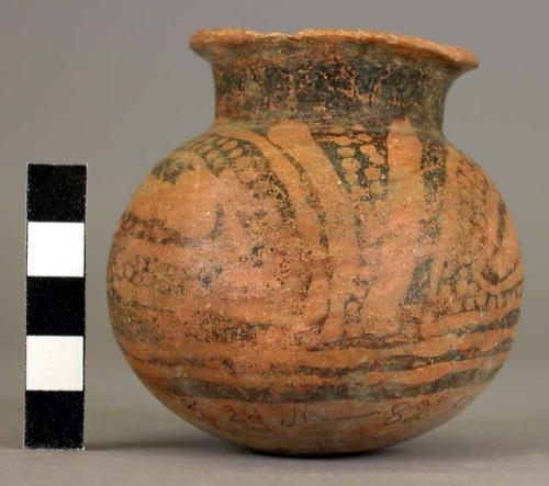 Pottery jar, base red, upper zone white with black ornamentation