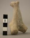 Ceramic figurine, buff, animal torso, front legs, neck, head, 1 eye & ear, broke