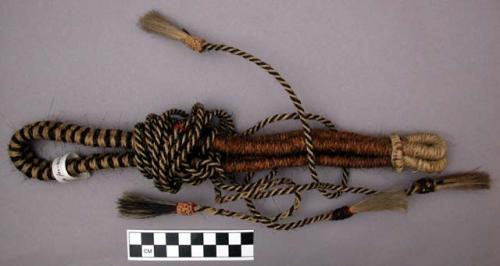 Horsehair hackamore, possibly Southwestern. Horsehair tassles wrapped around