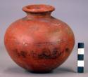 Pottery jar, small, red, black ornemtation on upper zone