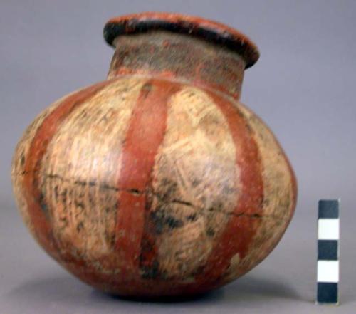 Pottery jar, red, black and white ornamentation