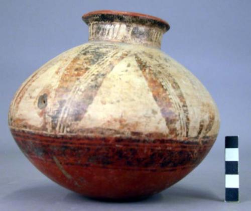 Pottery jar, base red, upper zone white with black ornamentation