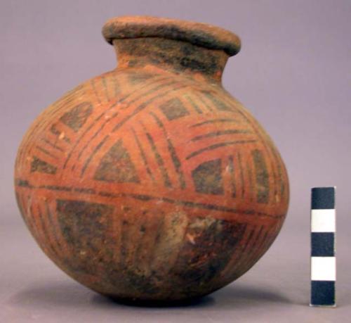 Pottery jar, red, black ornamentation extending to lower zone