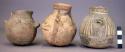 Ceramic, miniature jars, round bottom, 2 handles, constr. neck, black on buff