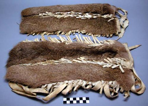 Woman's open leggings, caribou skin. Vertical fringes along seams.