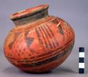 Pottery jar, small, red, black ornemtation on upper zone