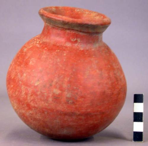 Pottery jar, small, red, black ornemtation on upper zone