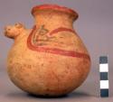 Ceramic jar, round bottom, polychrome, constr. neck, animal effigy lug handles