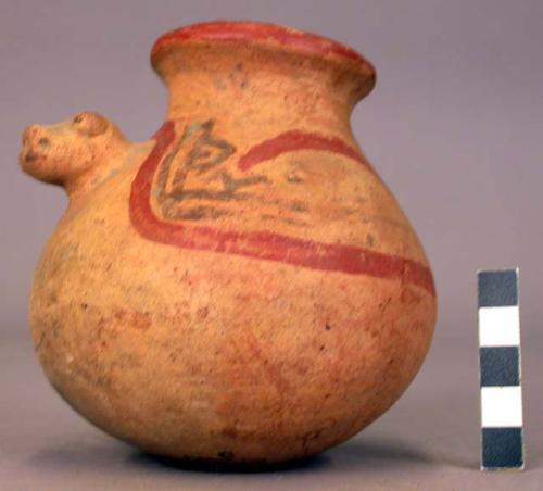 Ceramic jar, round bottom, polychrome, constr. neck, animal effigy lug handles