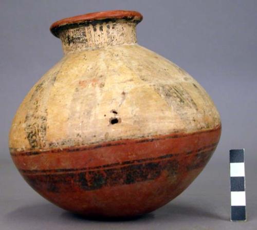 Pottery jar, base red, upper zone white with black ornamentation