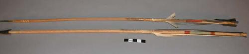 2 arrows, probably Plains. Wood shaft w/ incised linear designs and paint.