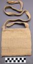 Bag, woven wool, buff, square & flat, 1 side strap fringed, other w/ loop