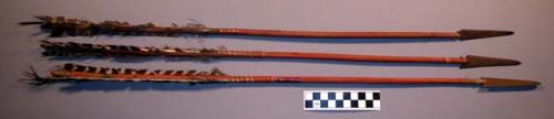 3 arrows, possibly Apache because of grooving patterns and color. Dyed and shaft