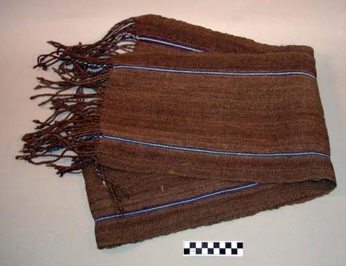 Man's shawl - double faced warp patterned plain weave; brown with +