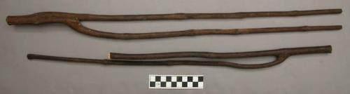 Forked sticks, wood, stick naturally split into 2, ends cut, stained brown, 1 br