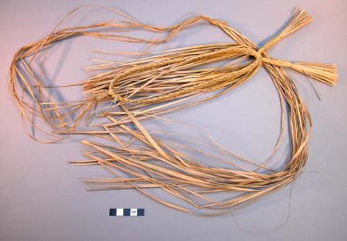 Headdress of buriti frond straw with orange coloring, long streamer down the bac