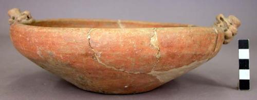 Pottery shallow bowl with 2 adornos