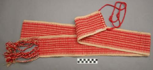 Red and white double faced warp patterned woolen belt for man