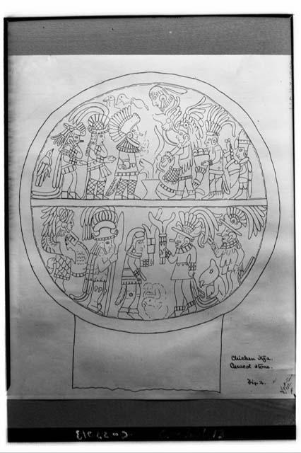 Circular stone from Caracol. 1933. Photo of drawing made by John O'Neill.