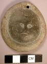 Scratcher w/ human face motif & stone pendant charm (fish motif?), argillite