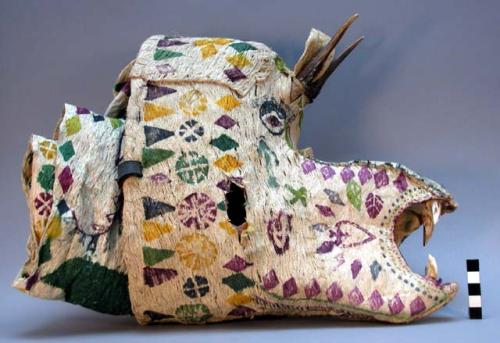 Animal effigy headdress of painted bark cloth - part of costume of Cucua dancers