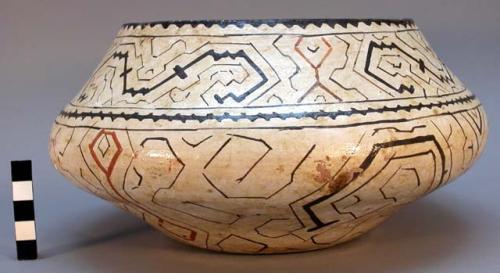 Pot, red clay with dark brown and orange geometric design